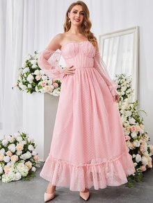 一字肩褶邊荷葉邊荷葉袖波點網紗舞會連衣裙 - 淺粉色 - 查看 7