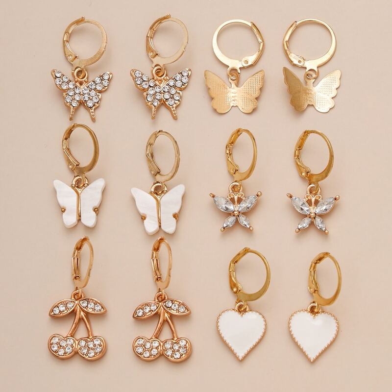 

6pairs Butterfly Drop Earrings, Gold