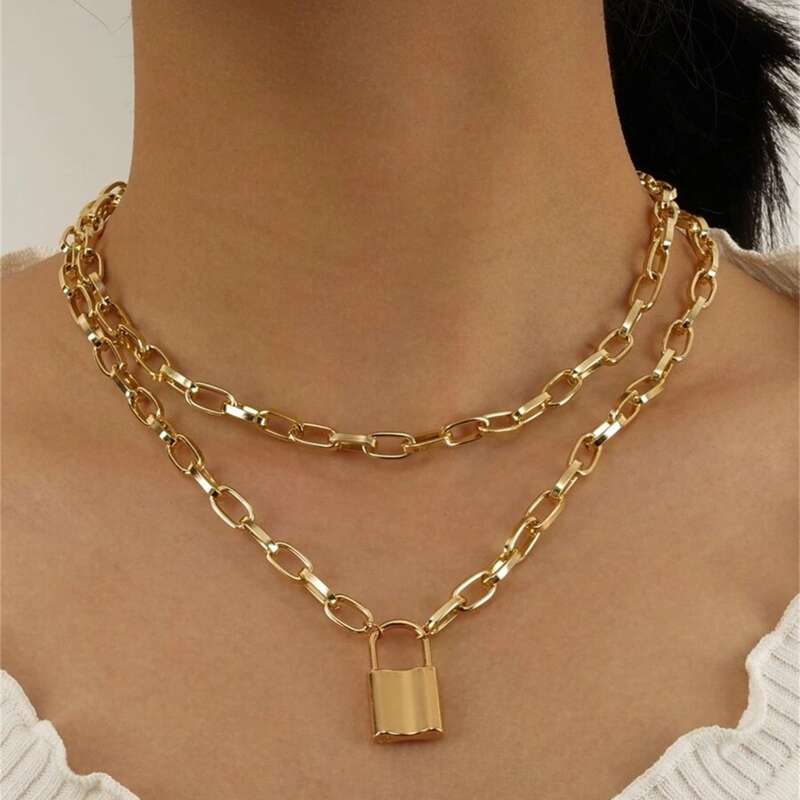 

Lock Decor Layered Chain Necklace, Gold