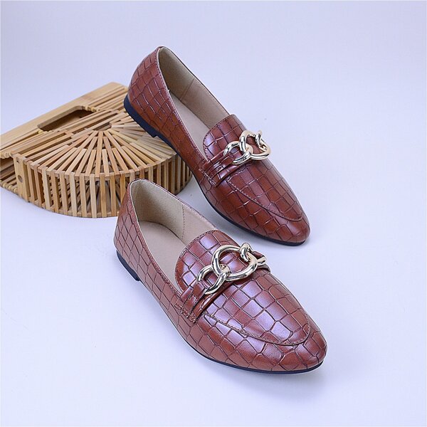 

Metal Decor Crocodile Embossed Loafers, Brown