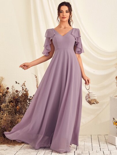 Ruffle Trim Maxi Chiffon Bridesmaid Dress