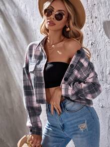 Plaid Flap Pocket Drop Shoulder Overcoat - Multicolor - View 1