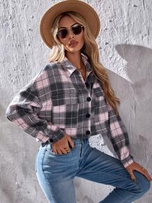 Plaid Flap Pocket Drop Shoulder Overcoat - Multicolor - View 3