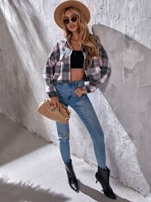 Plaid Flap Pocket Drop Shoulder Overcoat - Multicolor - View 4