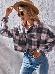 Plaid Flap Pocket Drop Shoulder Overcoat - Multicolor - View 5