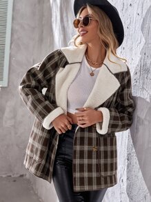 SHEIN Essnce Double Breasted Teddy Lined Plaid Overcoat - Multicolor - View 1