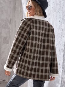SHEIN Essnce Double Breasted Teddy Lined Plaid Overcoat - Multicolor - View 2