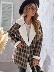 SHEIN Essnce Double Breasted Teddy Lined Plaid Overcoat - Multicolor - View 6
