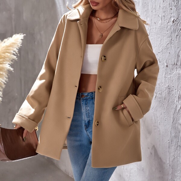 

Solid Button Front Overcoat, Camel