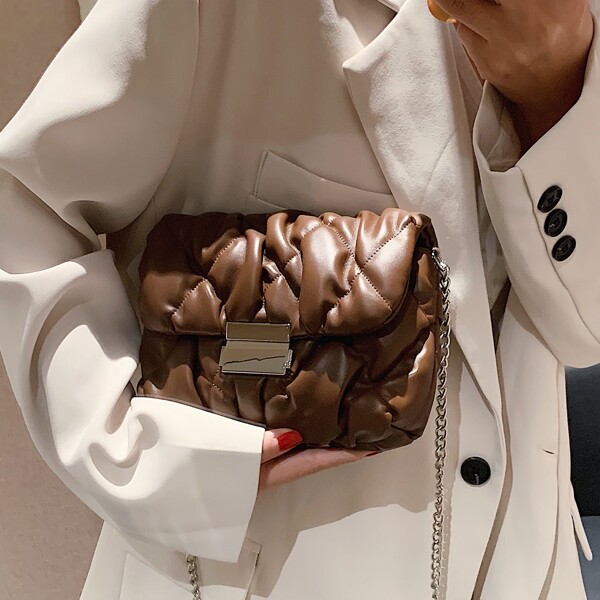 

Quilted Ruched Decor Chain Square Bag, Coffee brown