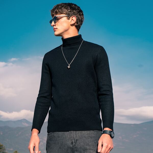 

Men Turtleneck Solid Sweater, Black