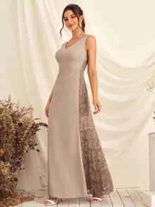 Lace Insert Zip Back Bridesmaid Dress - Apricot - View 1