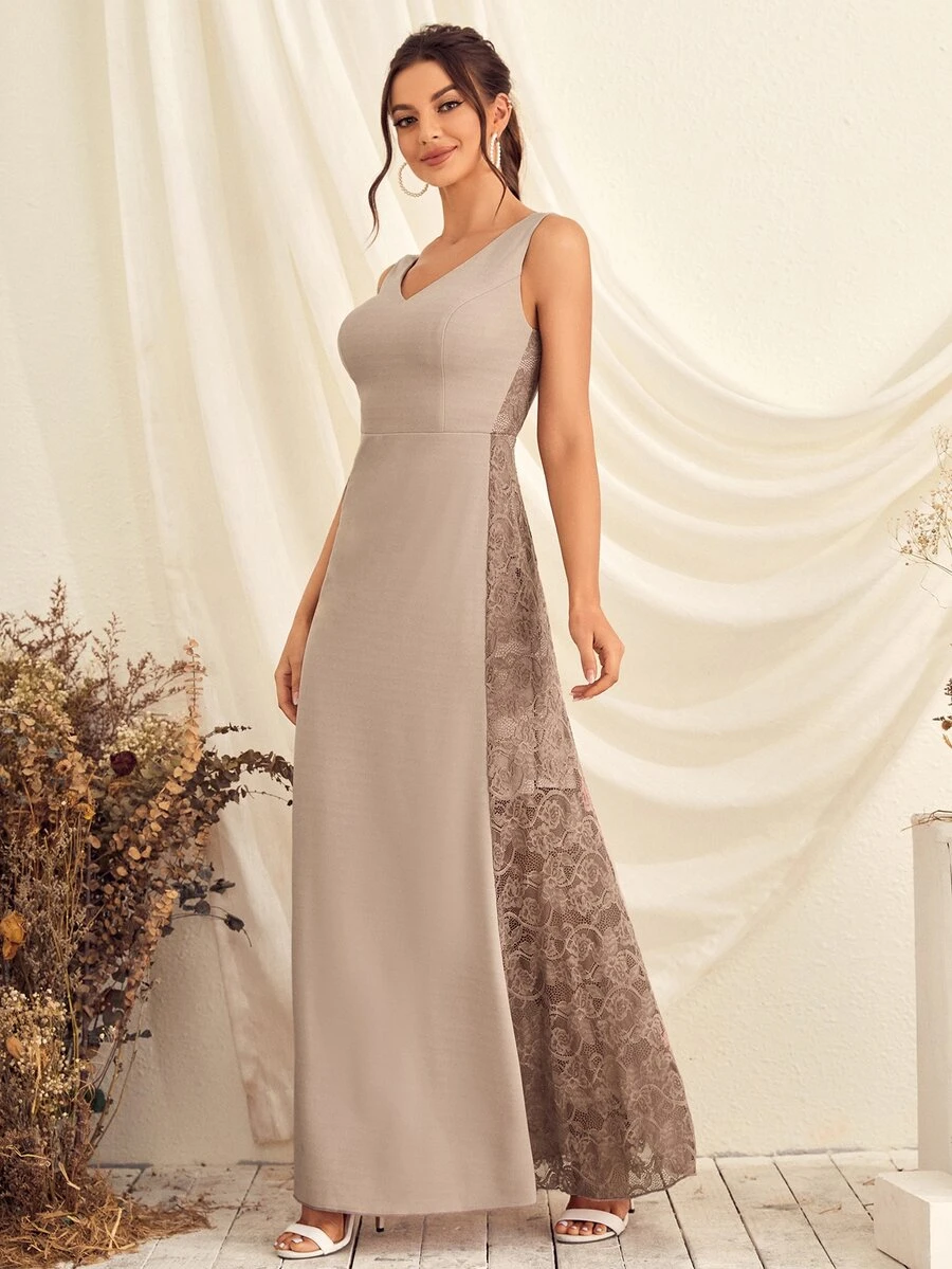 Lace Insert Zip Back Bridesmaid Dress - Apricot - View 1