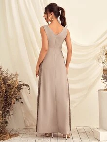 Lace Insert Zip Back Bridesmaid Dress - Apricot - View 2