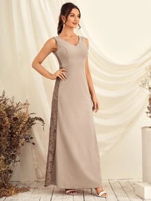 Lace Insert Zip Back Bridesmaid Dress - Apricot - View 3