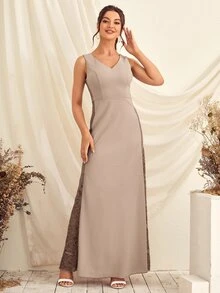 Lace Insert Zip Back Bridesmaid Dress - Apricot - View 5