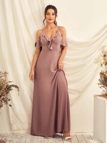 挖肩荷葉邊伴娘連衣裙