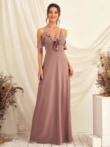 挖肩荷葉邊伴娘連衣裙