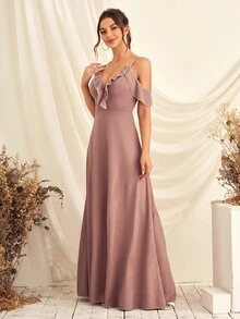 挖肩荷葉邊伴娘連衣裙