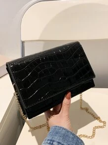 迷你極簡鱷魚紋鏈帶胸包 - 黑色 - 查看 4