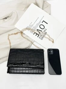 迷你極簡鱷魚紋鏈帶胸包 - 黑色 - 查看 6