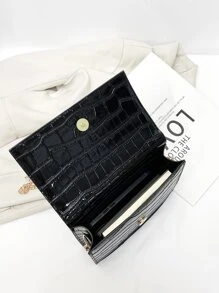 迷你極簡鱷魚紋鏈帶胸包 - 黑色 - 查看 7