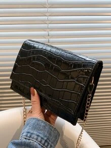 迷你極簡鱷魚紋鏈帶胸包 - 黑色 - 查看 8