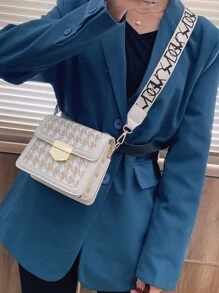 Mini Bolso Cruzado De Patrón De Cuadros, Bolso De Hombro Retro Con Solapa Cuadrada Para Mujeres, Bolso De Mano Casual En Pata De Gallo, Bolso Cruzado - Caqui - Ver 2