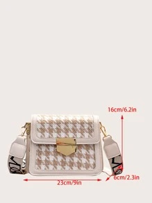 Mini Bolso Cruzado De Patrón De Cuadros, Bolso De Hombro Retro Con Solapa Cuadrada Para Mujeres, Bolso De Mano Casual En Pata De Gallo, Bolso Cruzado - Caqui - Ver 3