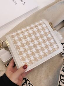 Mini Bolso Cruzado De Patrón De Cuadros, Bolso De Hombro Retro Con Solapa Cuadrada Para Mujeres, Bolso De Mano Casual En Pata De Gallo, Bolso Cruzado - Caqui - Ver 7