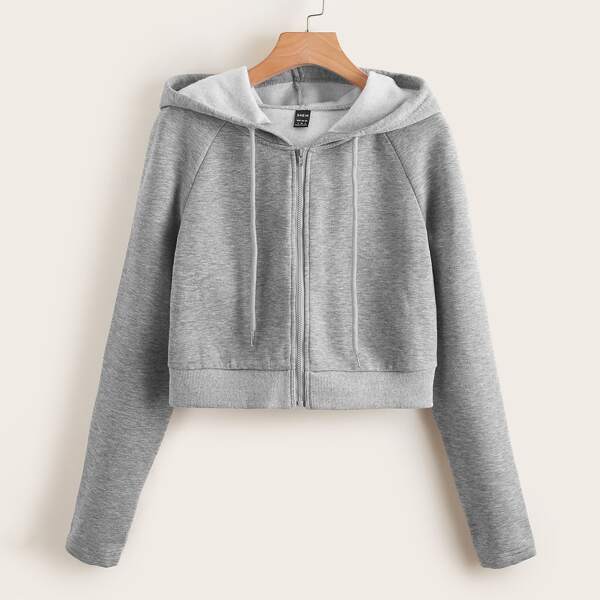 

Raglan Sleeve Zipper Drawstring Thermal Hoodie, Light grey