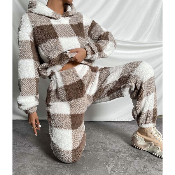 

Buffalo Plaid Print Drop Shoulder Teddy Hoodie & Pants, Multicolor