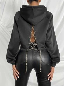 Chiquease Raglan Sleeve Chain Crisscross Back Hoodie - Black - View 1