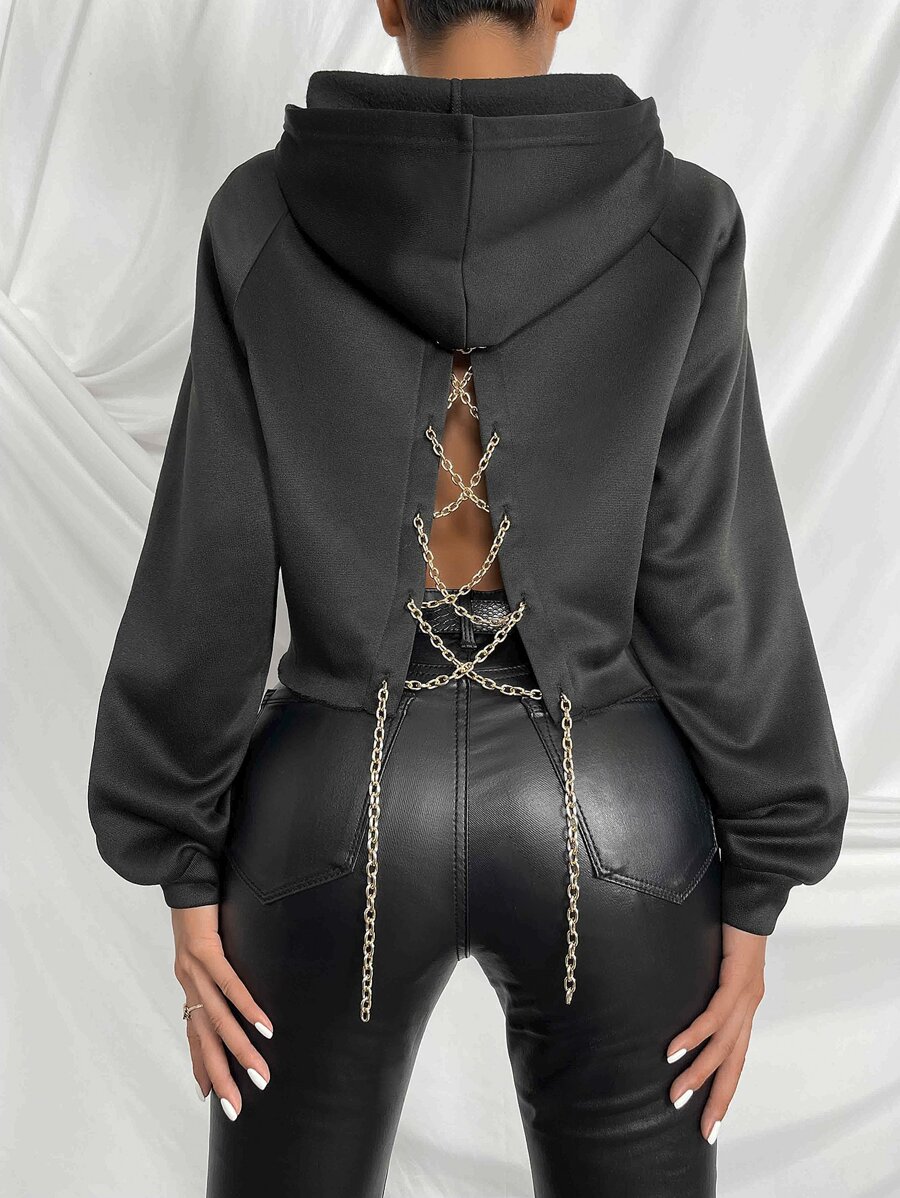 Chiquease Raglan Sleeve Chain Crisscross Back Hoodie - Black - View 1