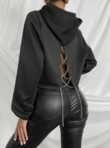 Chiquease Raglan Sleeve Chain Crisscross Back Hoodie - Black - View 5