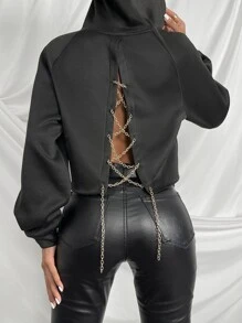 Chiquease Raglan Sleeve Chain Crisscross Back Hoodie - Black - View 6