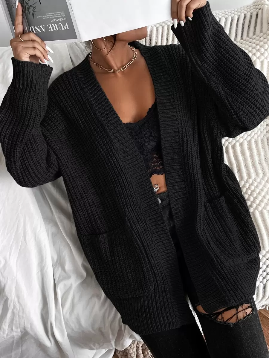 Calvaya Solid Dual Pockets Ribbed Knit Cardigan,Long Sleeve Tops Fall Winter Cloth For Women - Black - View 1