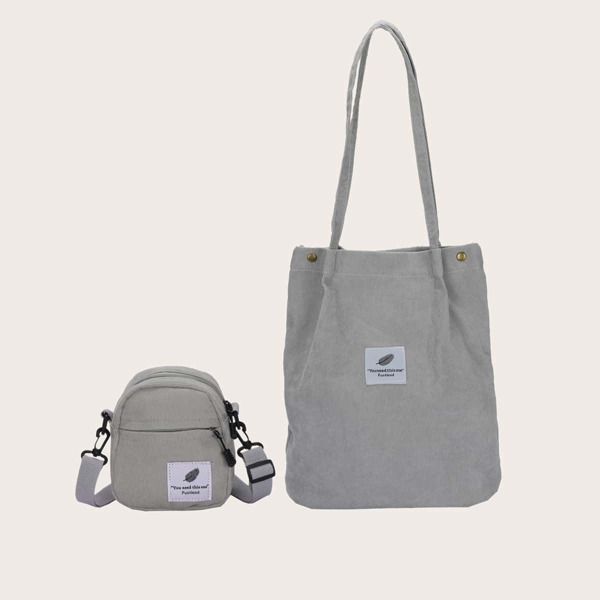 

Letter Graphic Tote Bag With Crossbody Bag, Grey