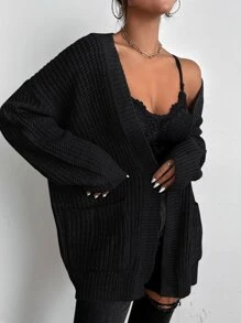 Calvaya Solid Dual Pockets Ribbed Knit Cardigan,Long Sleeve Tops Fall Winter Cloth For Women - Black - View 3