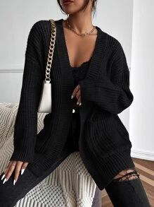 Calvaya Solid Dual Pockets Ribbed Knit Cardigan,Long Sleeve Tops Fall Winter Cloth For Women - Black - View 4