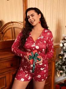 Plus Christmas Print Pyjama Onesie - Red - View 1