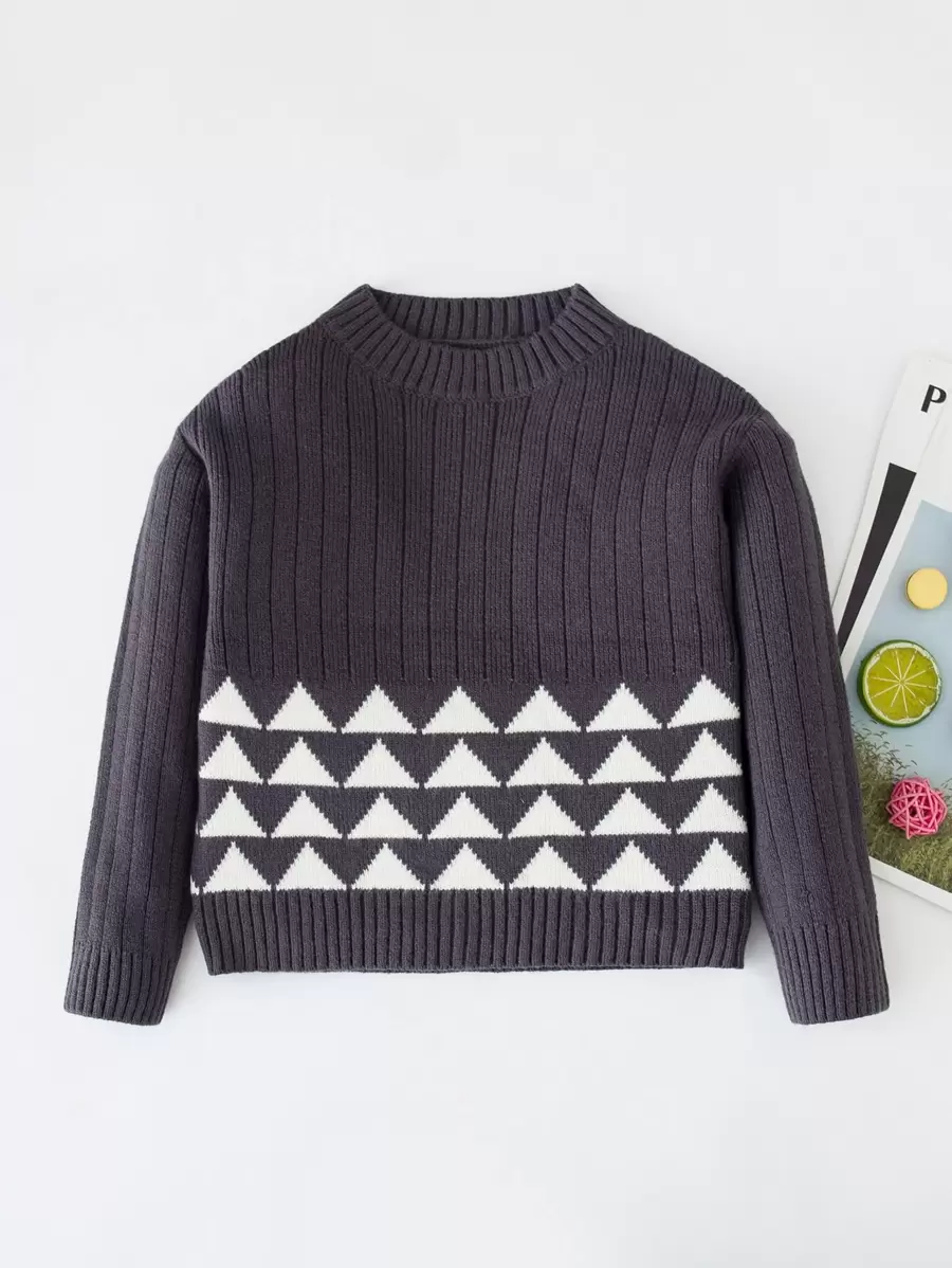Toddler Girl Geometric Pattern Jumper - Dark Grey - View 1