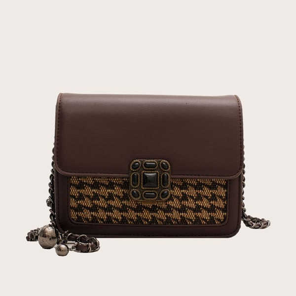 

Rhinestone Decor Chain Crossbody Bag, Coffee brown