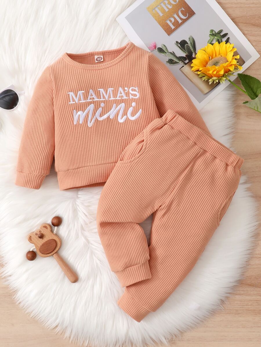 嬰兒女寶寶字母刺繡窩紋針織套衫和毛絨毛衣褲 - 珊瑚橙 - 查看 1