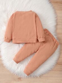 嬰兒女寶寶字母刺繡窩紋針織套衫和毛絨毛衣褲 - 珊瑚橙 - 查看 2