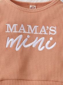 嬰兒女寶寶字母刺繡窩紋針織套衫和毛絨毛衣褲 - 珊瑚橙 - 查看 3