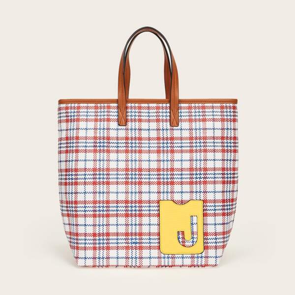 

Letter Patch Plaid Pattern Top Handle Bag, Multicolor