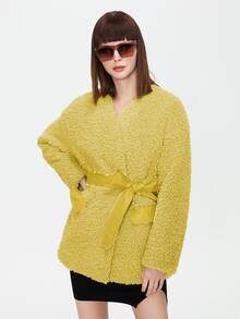 ZIAI Elegant Waist Belt Solid Color Women Regular Jacket With Pockets - Yellow - View 1