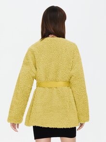 ZIAI Elegant Waist Belt Solid Color Women Regular Jacket With Pockets - Yellow - View 2