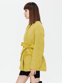 ZIAI Elegant Waist Belt Solid Color Women Regular Jacket With Pockets - Yellow - View 4
